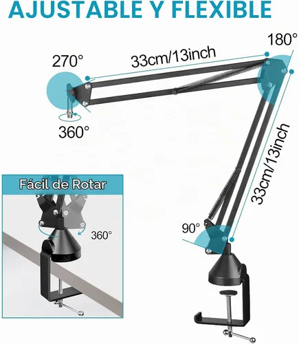 Vista 6 de Brazo de brazo, brazo de micrófono ajustable con 2 clips y filtro pop, escritorio con soporte de micrófono con adaptador de 3/8 a 5/8 pulgadas