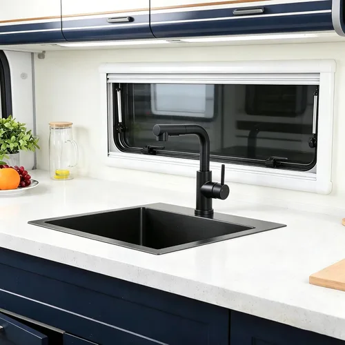 Vista 7 de Grifo de fregadero de barra de cocina de bajo perfil negro mate, cabezal rociador extraíble de una sola manija, grifo de preparación de agua