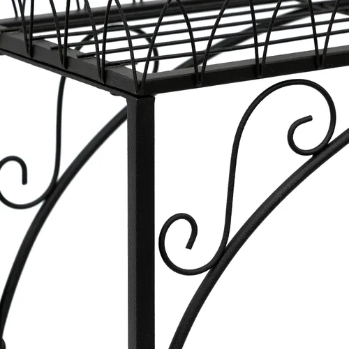 Vista 8 de Estante largo negro de doble capa, soporte de metal estilo patio francés para plantas altas en maceta, soporte resistente para macetas interiores