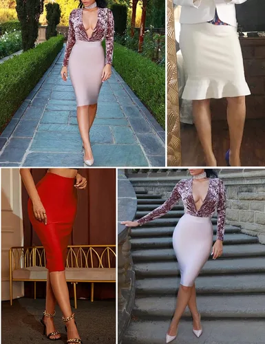 Vista 4 de Falda vendaje para mujer, falda elástica de cola de pez hasta la rodilla, falda midi