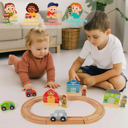 Vista 5 de Juego de Tren de Madera para Niños Pequeños, Vías de Madera Compatible con Thomas, Compatible con Brio, Compatible con Chuggington, Compatible