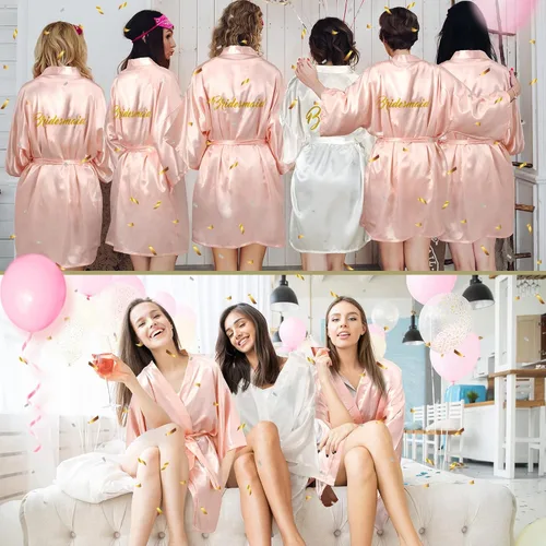 Vista 7 de Bata de dama de honor de 18 piezas con pantuflas, batas de satén, batas de dama de honor cortas de novia para fiesta de boda
