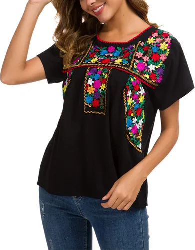 Vista 2 de YZXDORWJ - Cómoda blusa mexicana bordada de verano y sin mangas para mujer