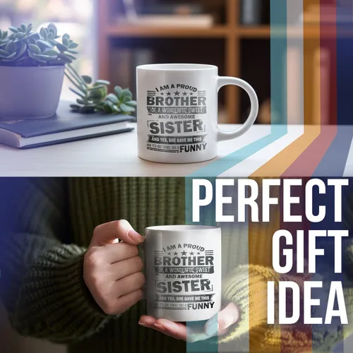 Vista 4 de Taza de café con texto en inglés "I Am A Proud Brother Of A Wonderful Sweet Sister" M775, color blanco