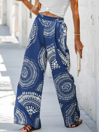 Vista 4 de CUPSHE Pantalones de cintura alta con estampado de mujer Pantalones cortos azules con pierna ancha