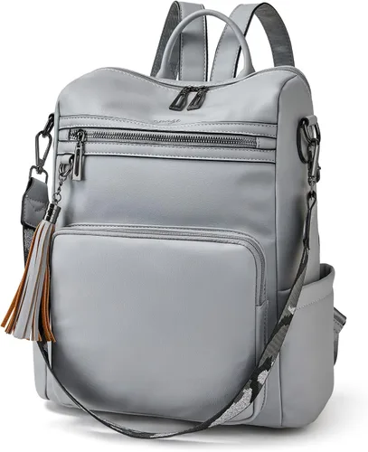Vista 25 de OPAGE - Mochila de cuero para mujer, con borla de moda, bolso de hombro, mochila grande, bolsa de viaje, gris, L