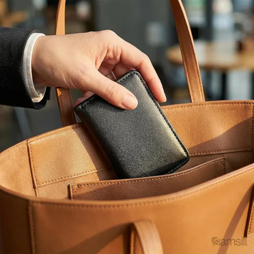 Vista 6 de Samsill tarjetero de piel auténtica, estuche para 25 tarjetas comerciales, negro