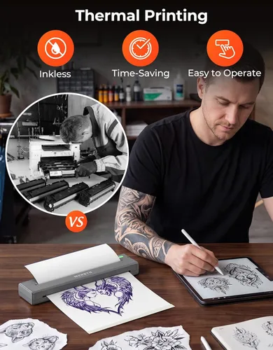 Vista 7 de MUNBYN ITP05S - Impresora de plantillas de tatuaje, impresora térmica inalámbrica Bluetooth con 20 hojas de papel de transferencia, compatible