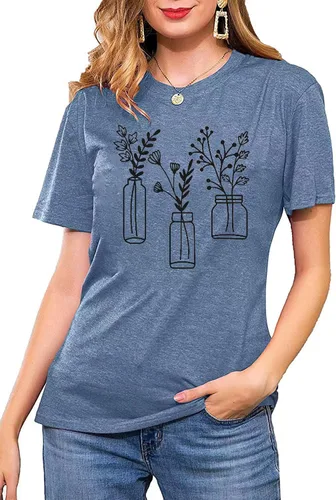 Vista 2 de Book Lovers - Camiseta de manga corta para mujer con diseño de flores silvestres, linda camiseta de manga corta para amante de los libros