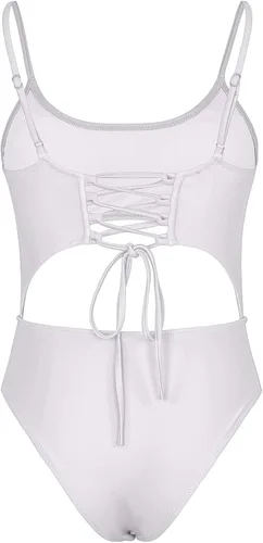 Vista 7 de Meyeeka Monokini con cuello redondo para mujer, parte delantera de encaje, corte alto, una pieza