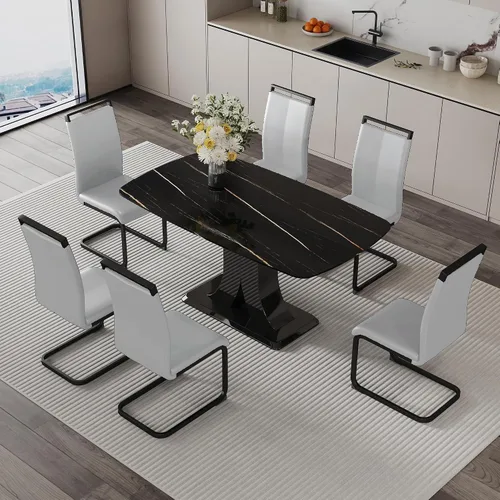 Vista 39 de Moderno juego de mesa de comedor para 4, mesa de vidrio de 63 pulgadas y base de MDF, mesa de comedor de mármol sintético negro con 4 sillas Mesa