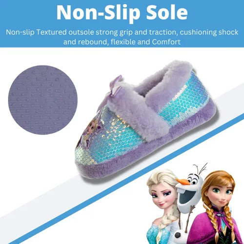 Vista 4 de Disney Frozen Elsa and Anna Girls Slippers - Plush Non-Slip Comfy Fluffy Lightweight Warm Comfort Soft Aline Indoor House Slippers