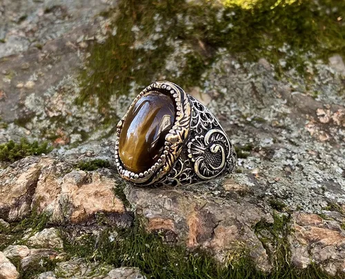 Vista 4 de KAR Anillo de ojo de tigre natural de plata esterlina estampada 925K I1B Piedra Ojo de tigre