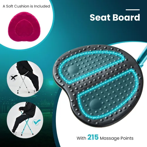 Vista 5 de GYMAX Combo de silla de bastón, asiento plegable de caña con luz LED, tabla de asiento de masaje y mango ergonómico, bastón antideslizante ajustable