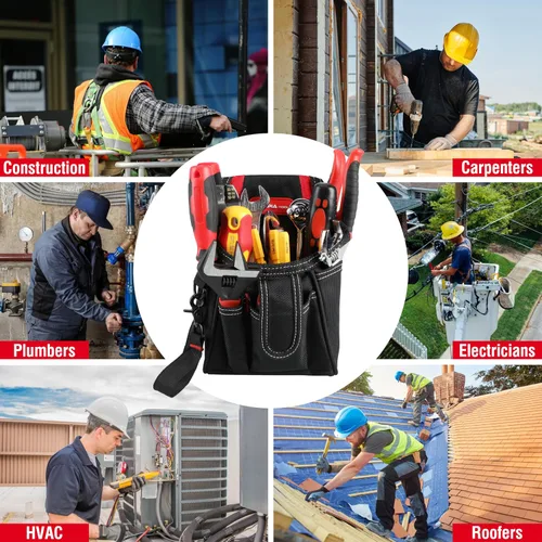 Vista 2 de Olympia Tools Bolsa de herramientas de 7 bolsillos con clip para cinturón, negro y rojo