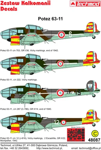 Vista 8 de Techmod 48087 1/48 Potez 63-11 French Fighter Wet Decal WWII w/Mask WWII