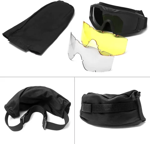 Vista 7 de QWORK Gafas tácticas militares de Airsoft para deportes al aire libre con 3 lentes intercambiables para montar a caballo, negro