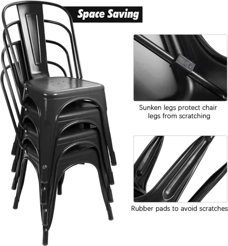 Vista 6 de Flamaker Sillas de comedor de metal para uso en interiores y exteriores, sillas laterales apilables con respaldo para cocina industrial, sillas Negro