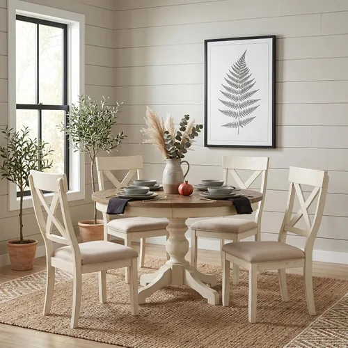 Vista 10 de Roundhill Furniture Prato - Juego de mesa de comedor redonda de 5 piezas con sillas de respaldo cruzado, color azul antiguo y nogal envejecido
