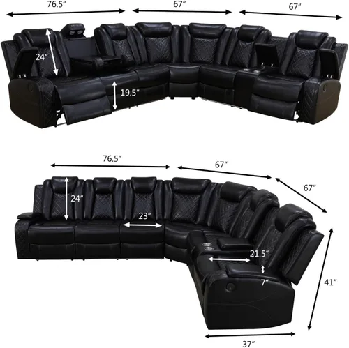 Vista 2 de FUOROLA Juego de sofá reclinable eléctrico con LED, sofá seccional reclinable de cuero transpirable para cine en casa con soporte para tazas Negro