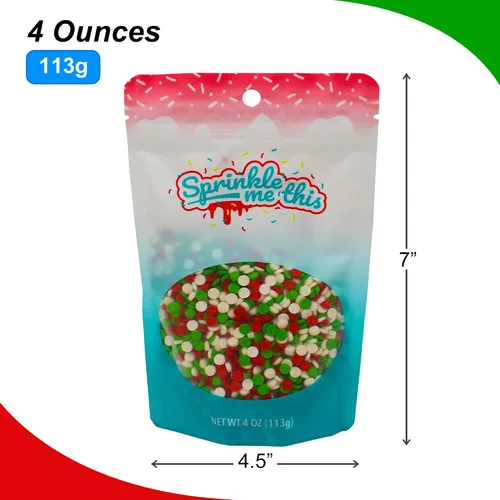 Vista 2 de Confetti Christmas Sprinkles – Bolsa de dulces resellable de pie de 4 onzas – Mezcla de chispitas navideñas – Quins blancas, verdes y rojas