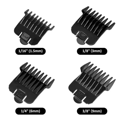 Vista 2 de Paquete de 4 protectores para cortapelos Andis T Outliner, protectores guía de 1/16", 1/8", 1/4", 3/8", juego de peines de acoplamiento a presión