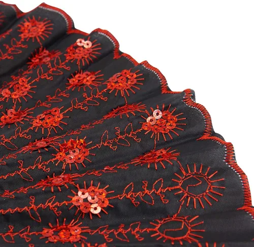 Vista 4 de InnoLife Elegante abanico de mano plegable con flores bordadas y patrón de pavo real con lentejuelas en tela artesanal (5 piezas, rojo)