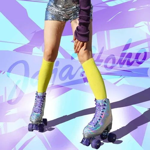 Vista 7 de JajaHoho Patines de ruedas para mujeres, piel sintética holográfica de alta calidad, patines brillantes de doble fila de cuatro ruedas para niñas