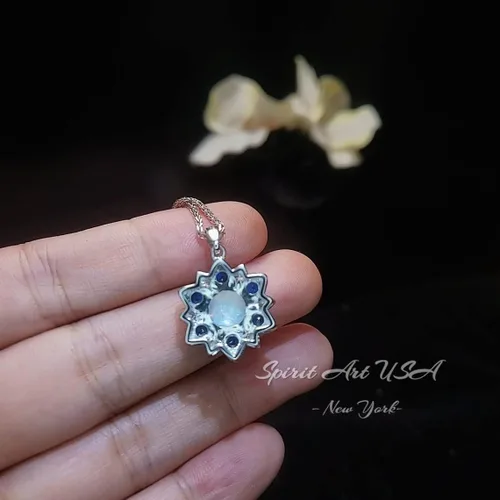 Vista 4 de Collar de ópalo – Colgante de flor de estrella de zafiro azul – 18 KGP @ Plata de ley – Piedra natal de octubre de septiembre – Joyería de ópalo