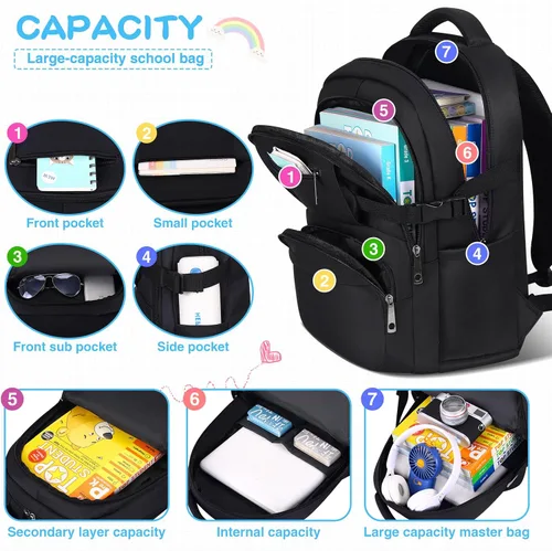 Vista 5 de Linda mochila para la escuela, niñas, niños, mochila escolar estética para mujeres, mochila de viaje para computadora portátil y niños, Negro