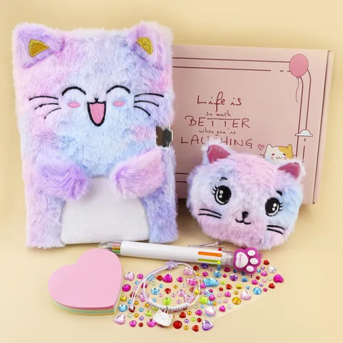 Vista 3 de PJDRLLC Diario de gato con cerradura, regalo para niñas de 6, 7 y 8 años, diario secreto con monedero, bolígrafo multicolor, nota post-it