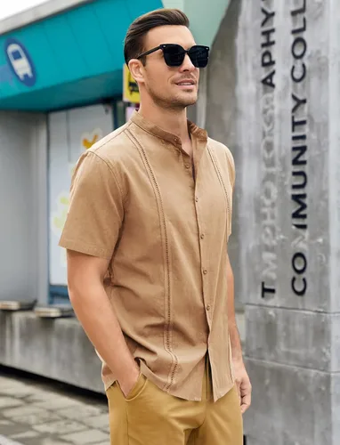 Vista 2 de Ryannology Camisas guayabera de lino de manga corta con botones para hombre, estilo casual, playa, campamento cubano, camisa mexicana para hombre