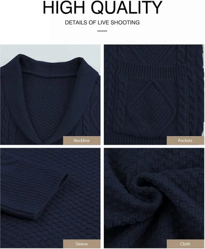 Vista 5 de JMIERR Suéter casual de manga larga con cuello de chal y botones para hombre con bolsillos