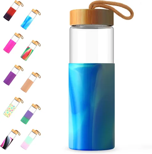 Vista 10 de Tronco Botellas de agua de vidrio de 20 onzas con tapas, botellas de vidrio de borosilicato reutilizables con tapa de bambú y funda de silicona