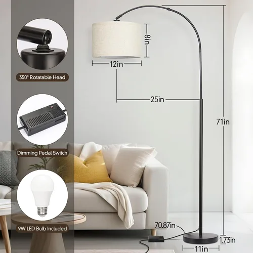 Vista 2 de Lámpara de pie regulable, lámpara de pie de arco con atenuador, lámpara de pie negra con pantalla colgante ajustable, luz de lectura alta sobre