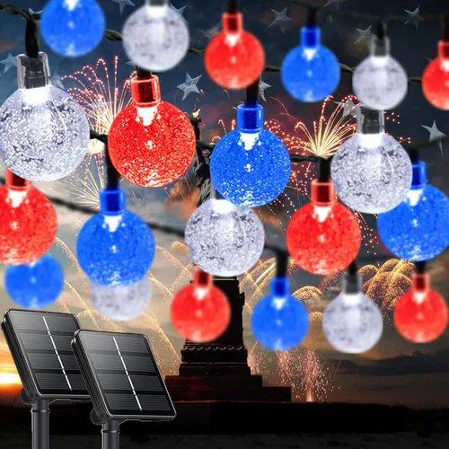 Vista 12 de LORRYTE Tira de luces solares para exteriores, 50 luces LED de 32 pies, impermeables, con energía solar, luces de globo de cristal para exteriores