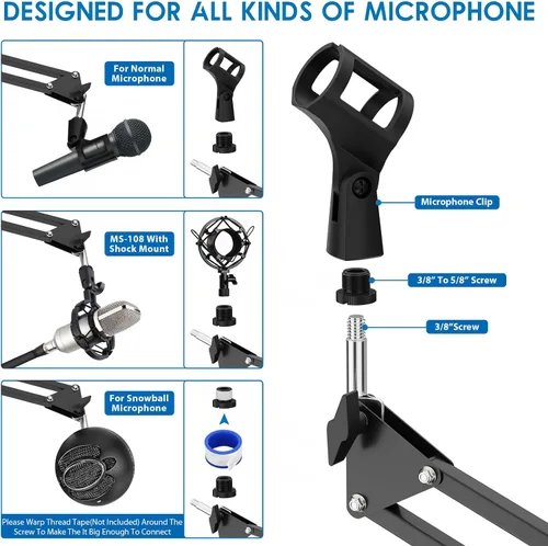 Vista 5 de K KASONIC Soporte para micrófono, soporte de escritorio ajustable para micrófono para brazo articulado de micrófono HyperX para radiodifusión