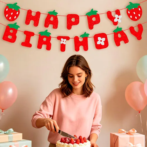 Vista 5 de MEETINGU Cartel de feliz cumpleaños de fresa, decoración de fiesta de cumpleaños de fresa con purpurina para niños y niñas, decoración de fiesta