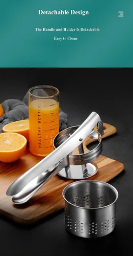 Vista 5 de Exprimidor de verduras de acero inoxidable, exprimidor de agua vegetal de metal con mango de silicona roja para exprimir líquido vegetal