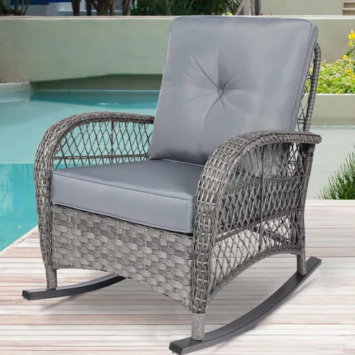 Vista 10 de Mecedora de mimbre para exteriores, silla mecedora de ratán para patio con marco de acero, silla mecedora para césped, muebles de patio, mimbre Beige