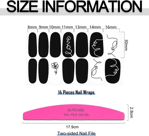 Vista 3 de 16 hojas de envolturas de uñas negras adhesivas en tiras de esmalte de uñas, tiras de gel autoadhesivas, calcomanías de esmalte de uñas sólidas