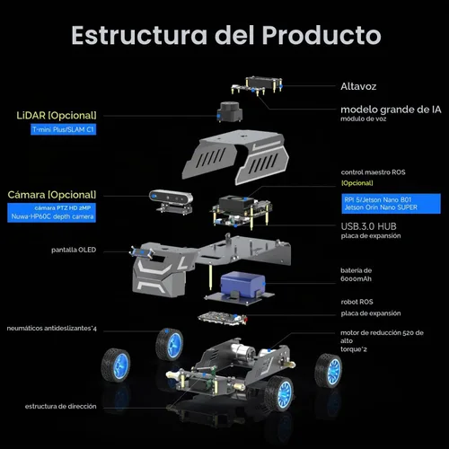 Vista 8 de Yahboom ROSMASTER A1 ROS2 Robot Car con chasis de dirección Ackerman Ultimate-Sin Jetson ORIN Nano Board