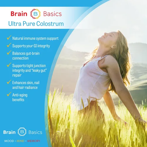 Vista 3 de Brain Basics Calostro ultra puro, 4000 mg por porción, mínimo 25% de anticuerpos IgG, salud intestino-cerebro-inmune, cabello y piel brillantes.