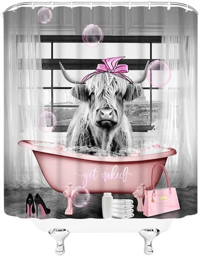 Vista 4 de Juego de 2 cortinas de ducha para baño, diseño de vaca de las tierras altas, color rosa, divertido y lindo animal para tina, bolsa de tacón alto
