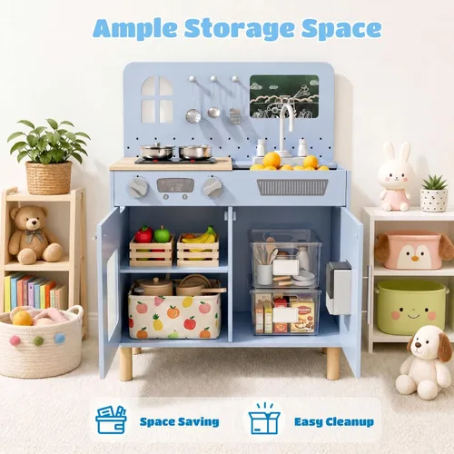 Vista 5 de Arlopu Juego de cocina de madera para niños con pizarra, luces y sonidos realistas, cocina interactiva con estufa, dispensador de agua, 6 utensilios