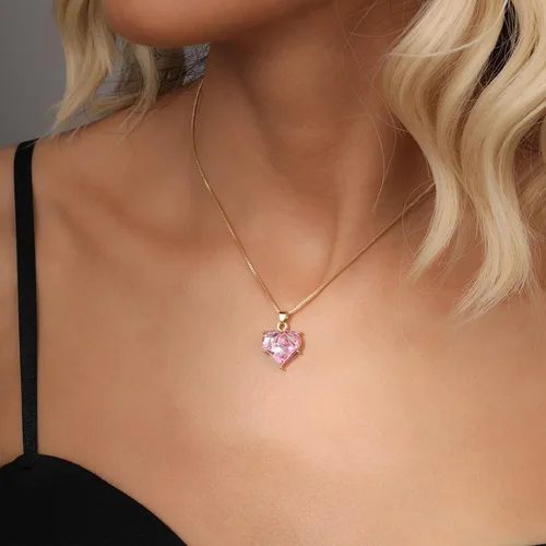 Vista 2 de Juego de 2 collares de corazón rosa, anillos de corazón para mujer, juego de collar rosa, aretes de collar rosa, collar de cadena de clavícula