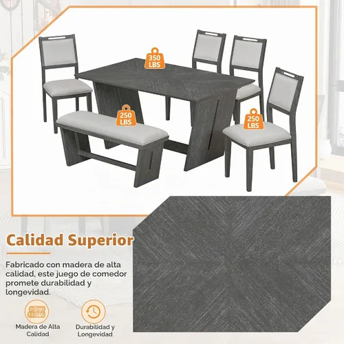 Vista 5 de Merax Juego de comedor retro de 6 piezas, 1 mesa rectangular con base de mesa trapezoidal estable y 4 sillas tapizadas y 1 banco para comedor