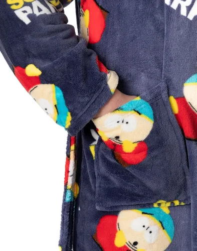 Vista 5 de South Park Albornoz con capucha para hombre Vestido estampado de Cartman para adultos en azul marino Ropa de descanso de forro polar de dibujos