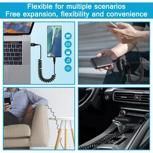 Vista 4 de Cable USB C para Android Auto Samsung de carga rápida para automóvil, paquete de 2 cables C en espiral de 3 pies, cable retráctil USB tipo C a USB A