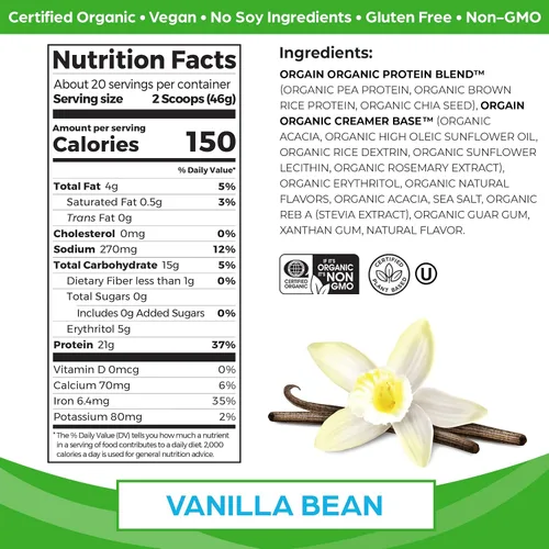 Vista 2 de Orgain Proteína orgánica vegana y orgánica + superalimentos en polvo, sabores de vainilla, proteína a base de plantas, sin gluten